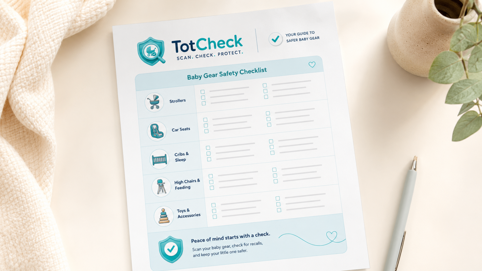 Printable TotCheck baby gear safety checklist sheet with stroller, car seat, crib, high chair, and toy categories.