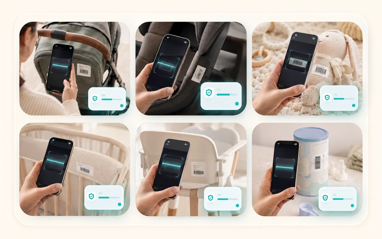Examples of baby and kids products parents can check with TotCheck, including strollers, car seats, toys, labels, barcodes, and formula lot numbers.