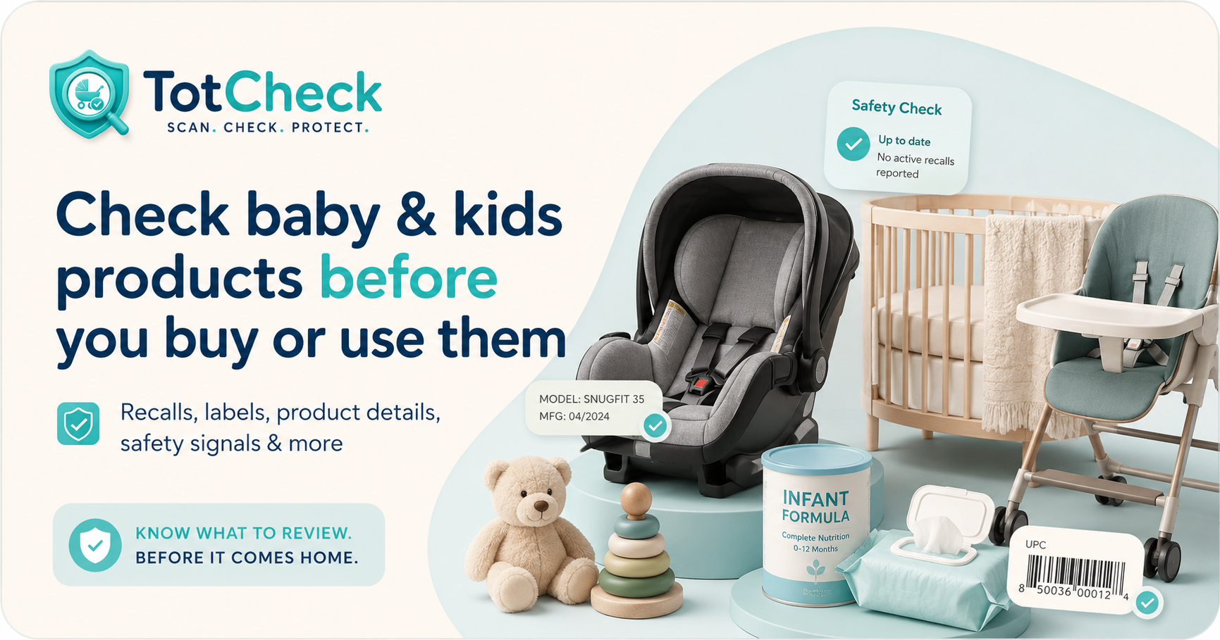 Organized baby and kids products with safety check labels for TotCheck’s Safety Hub.