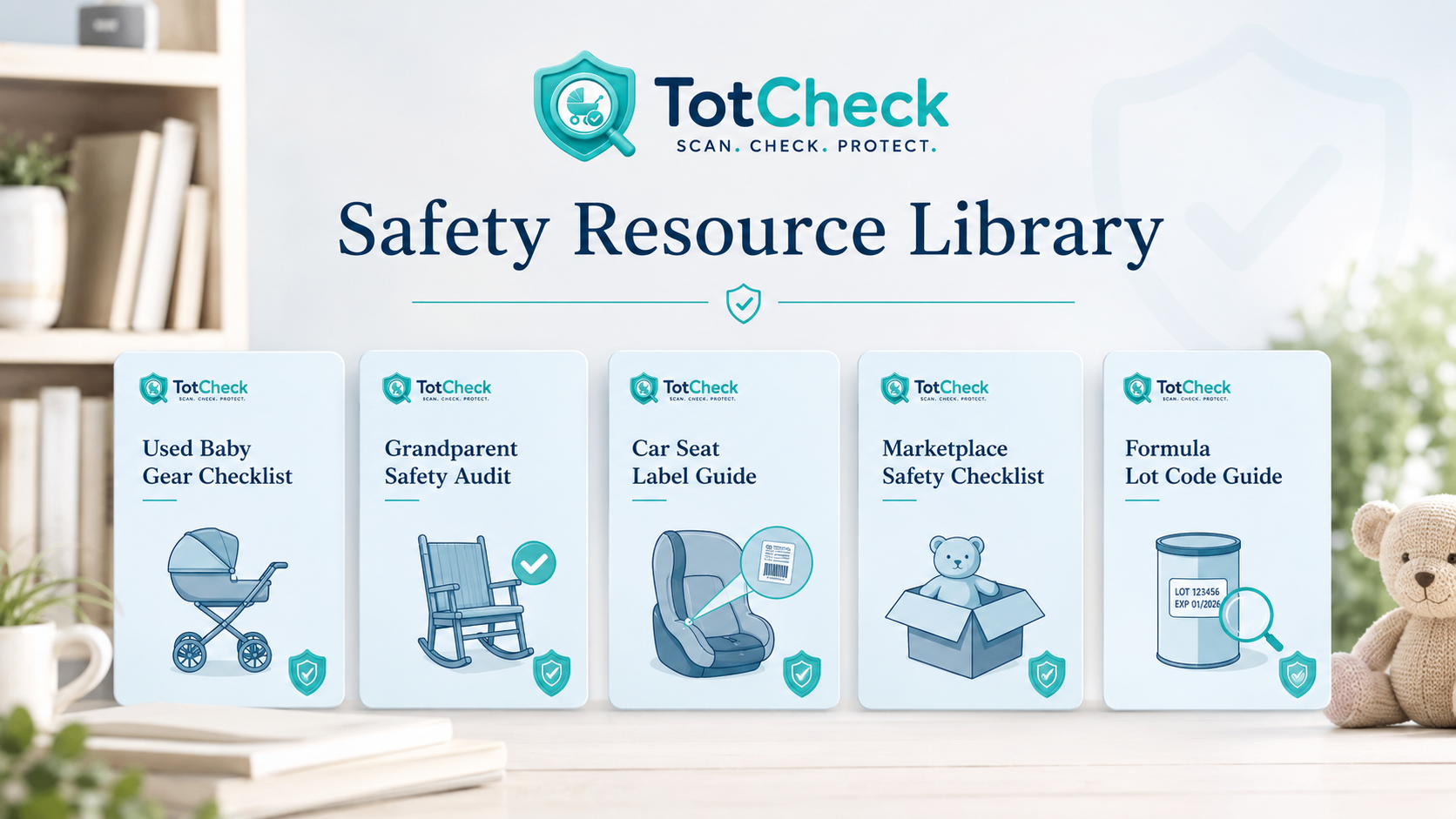 TotCheck Safety Resource Library with guide cards for used gear, grandparents, car seat labels, marketplace safety, and formula lot codes.