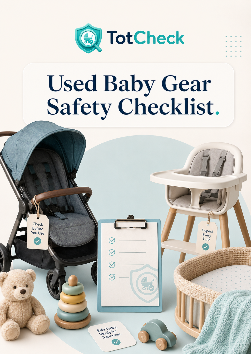 Printable Used Baby Gear Safety Checklist poster with stroller, high chair, bassinet, and checklist board.