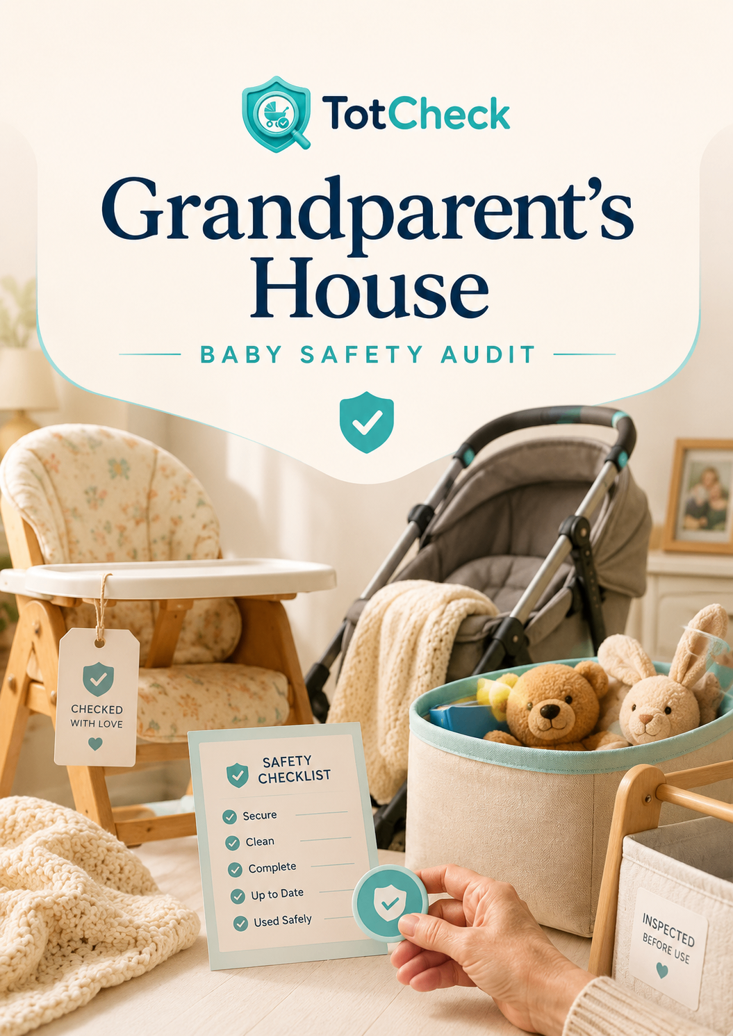 Printable Grandparent’s House baby safety audit poster with high chair, stroller, toy basket, and checklist elements.