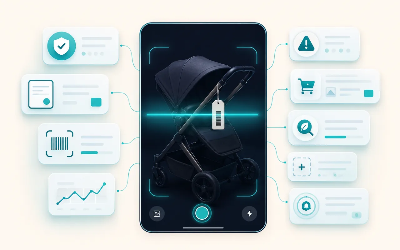 TotCheck multi-signal safety scan showing recalls, labels, barcodes, reviews, incident signals, marketplace details, and product information.