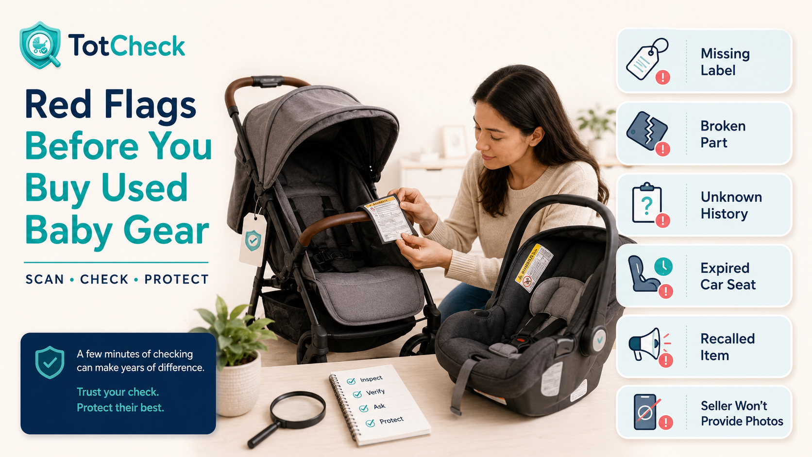 Used gear warning signs like missing labels, broken parts, unknown history, expired car seats, recalls, and sellers who avoid sharing details.