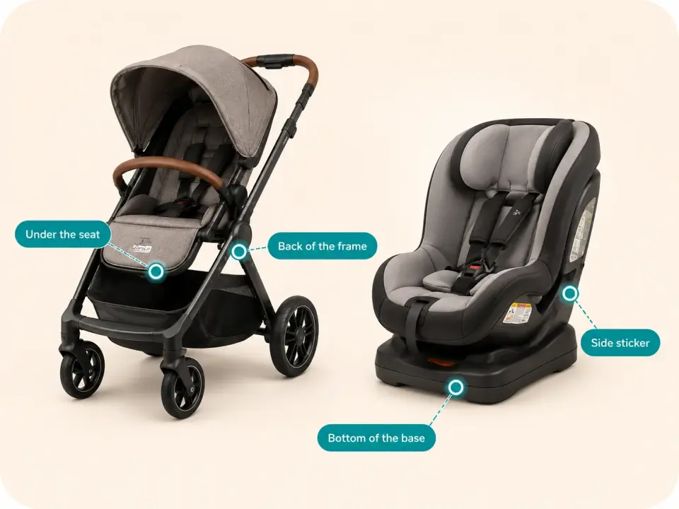 Stroller and car seat diagram showing common label locations: under the seat, back of the frame, bottom of the base, and side sticker